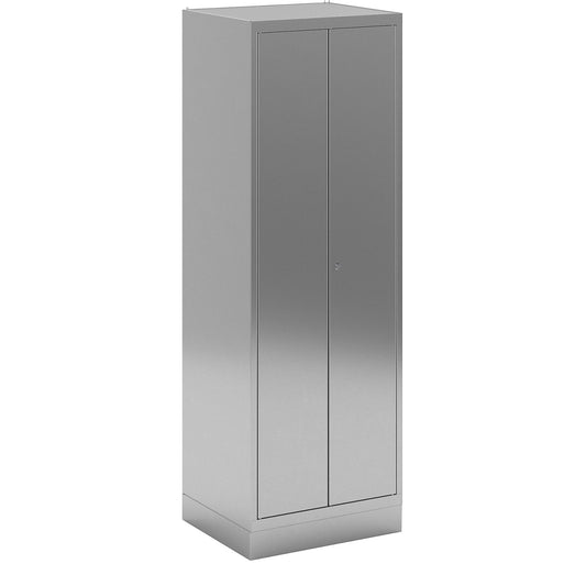 Stainless steel locker for cleaning products, 4 shelves, with plinth.