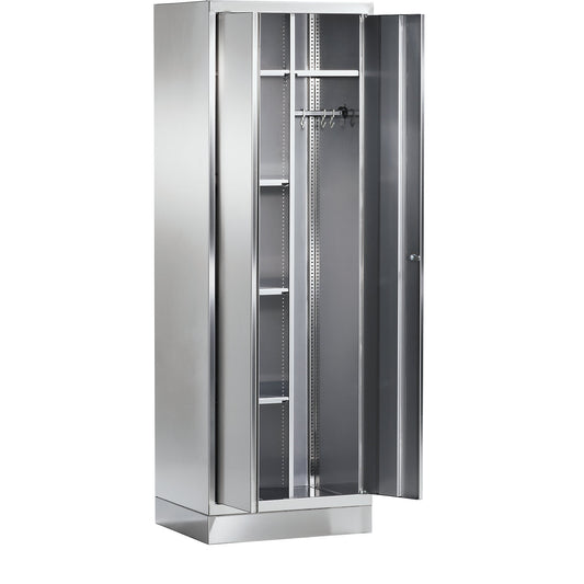 Stainless steel locker for cleaning products, 5 compartments, 1 clothes rail, with plinth.