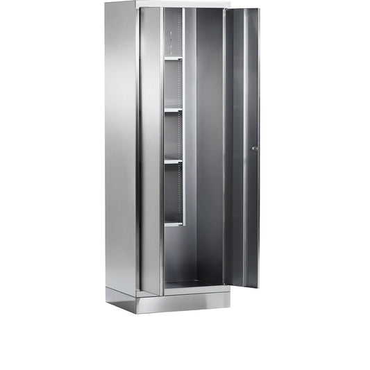 Stainless steel locker for cleaning products, 4 compartments, 2 tool hooks, with plinth.