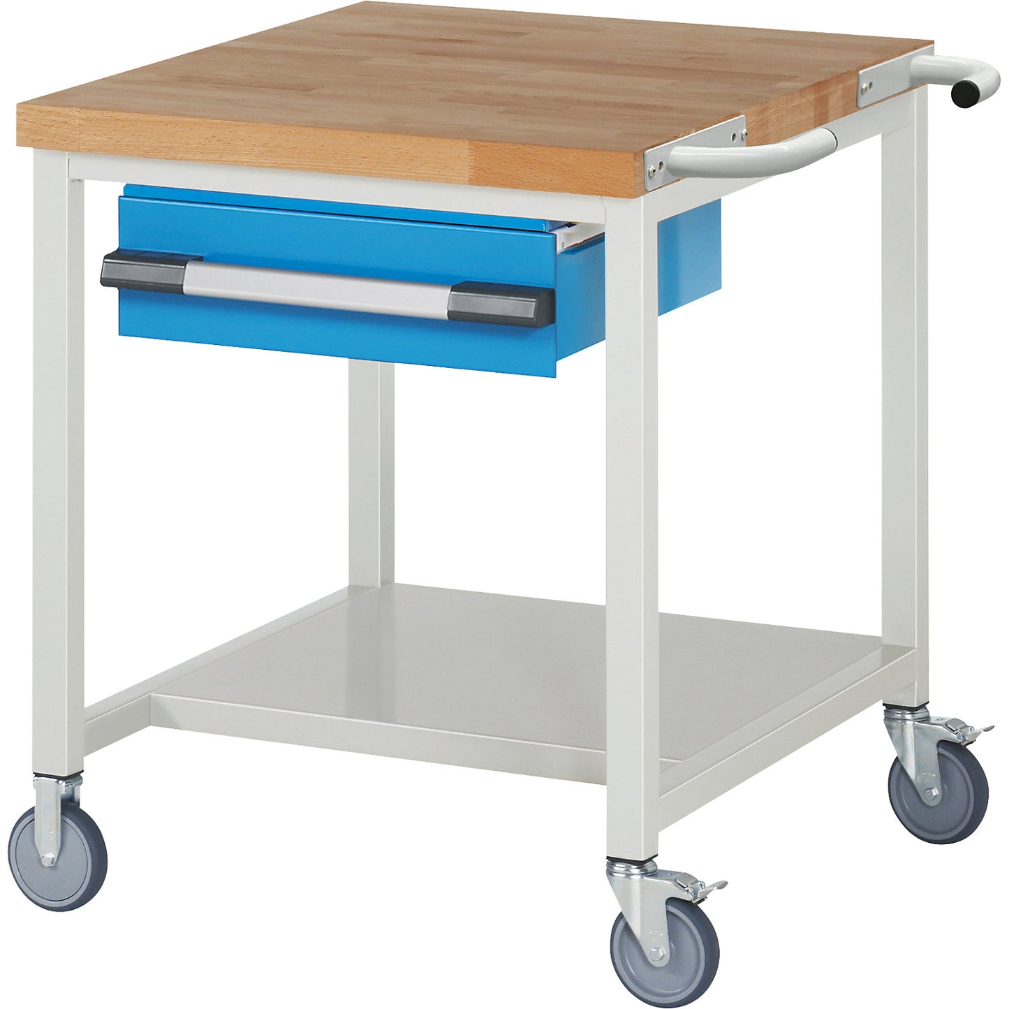 Series 8000 mobile workbench, frame system, 1 suspended drawer, storage shelf, WxD 750 x 900 mm.