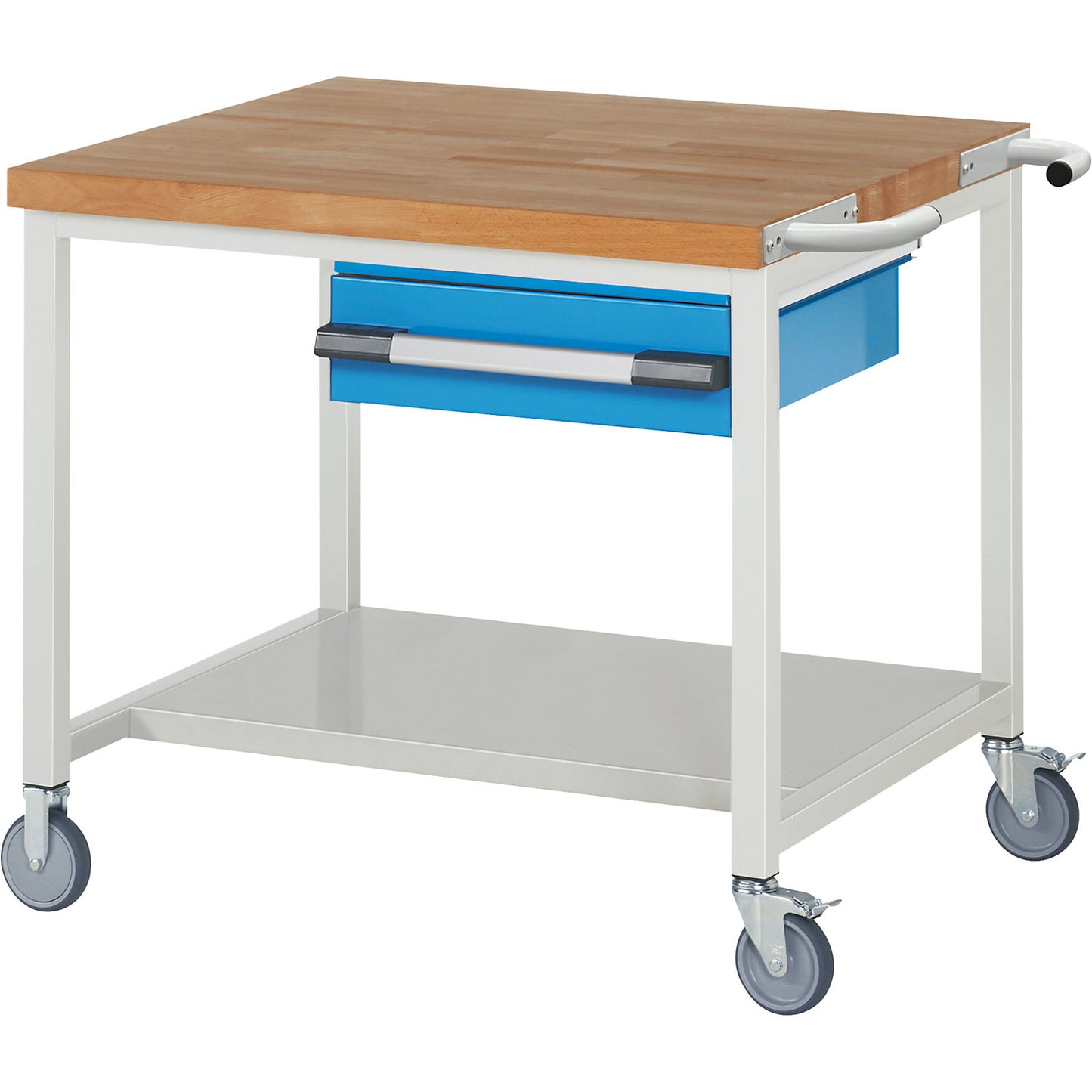 Series 8000 mobile workbench, frame system, 1 suspended drawer, storage shelf, WxD 1000 x 900 mm.