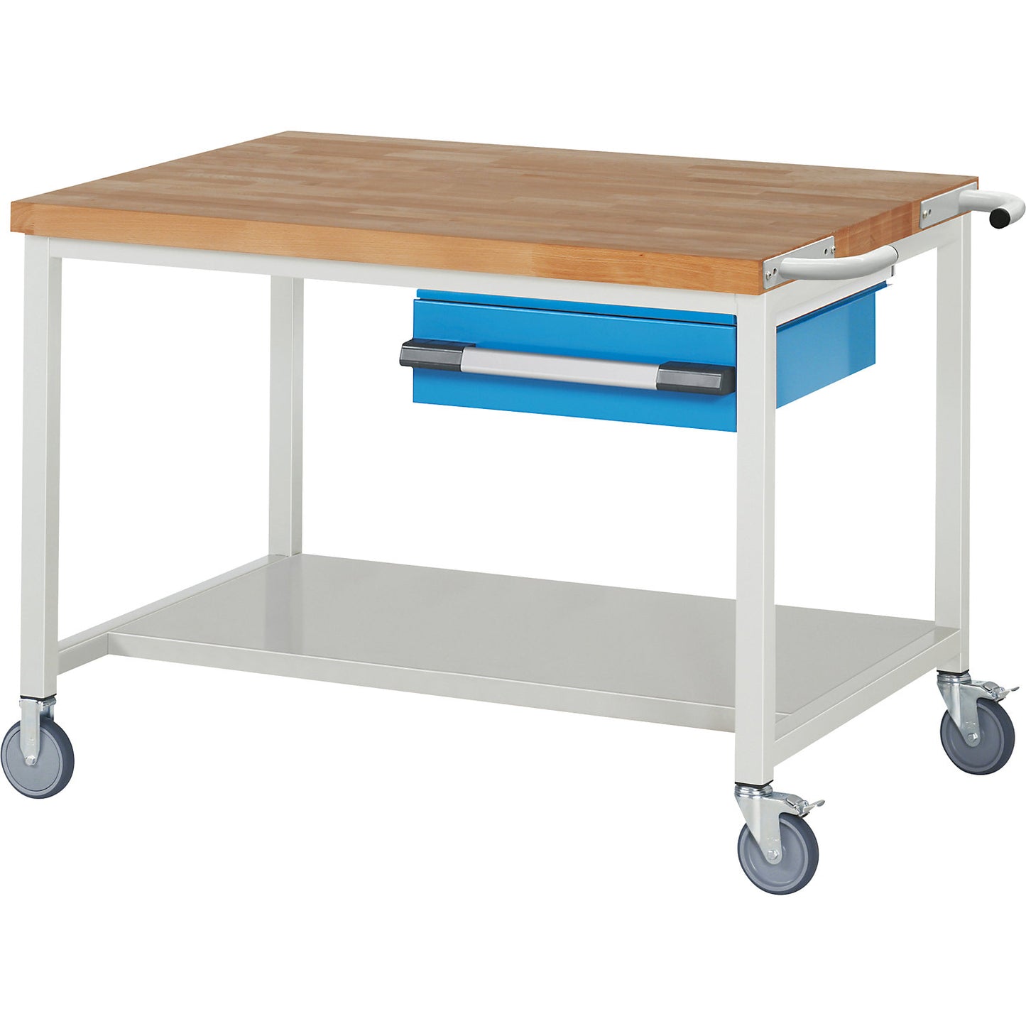 Series 8000 mobile workbench, frame system, 1 suspended drawer, storage shelf, WxD 1250 x 900 mm.