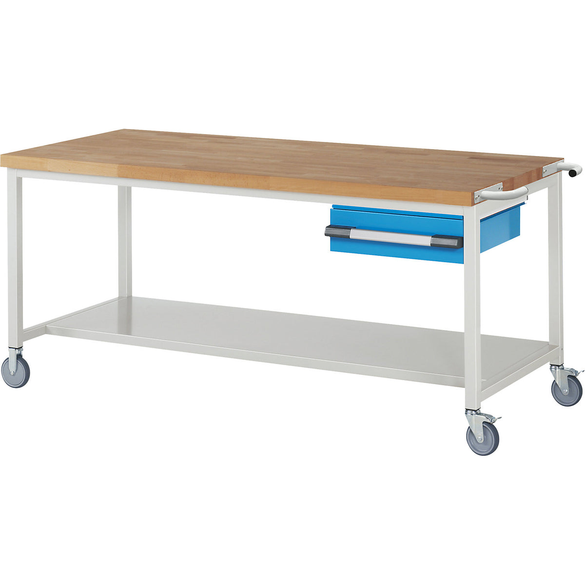 Series 8000 mobile workbench, frame system, 1 suspended drawer, storage shelf, WxD 2000 x 900 mm.