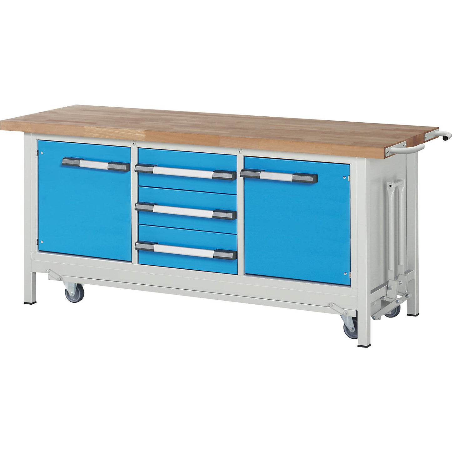 Mobile and lowerable workbench, Series 8000 frame construction, 3 drawers, 1 door, WxD 2000 x 700 mm.
