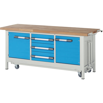 Mobile and lowerable workbench, Series 8000 frame construction, 3 drawers, 1 door, WxD 2000 x 700 mm.