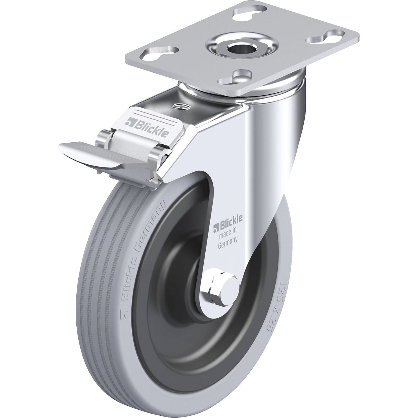 LKPA-VPA-FI light duty swivel castor, plate dimensions 90 x 66 mm, wheel Ø 125 mm, max. load 100 kg.