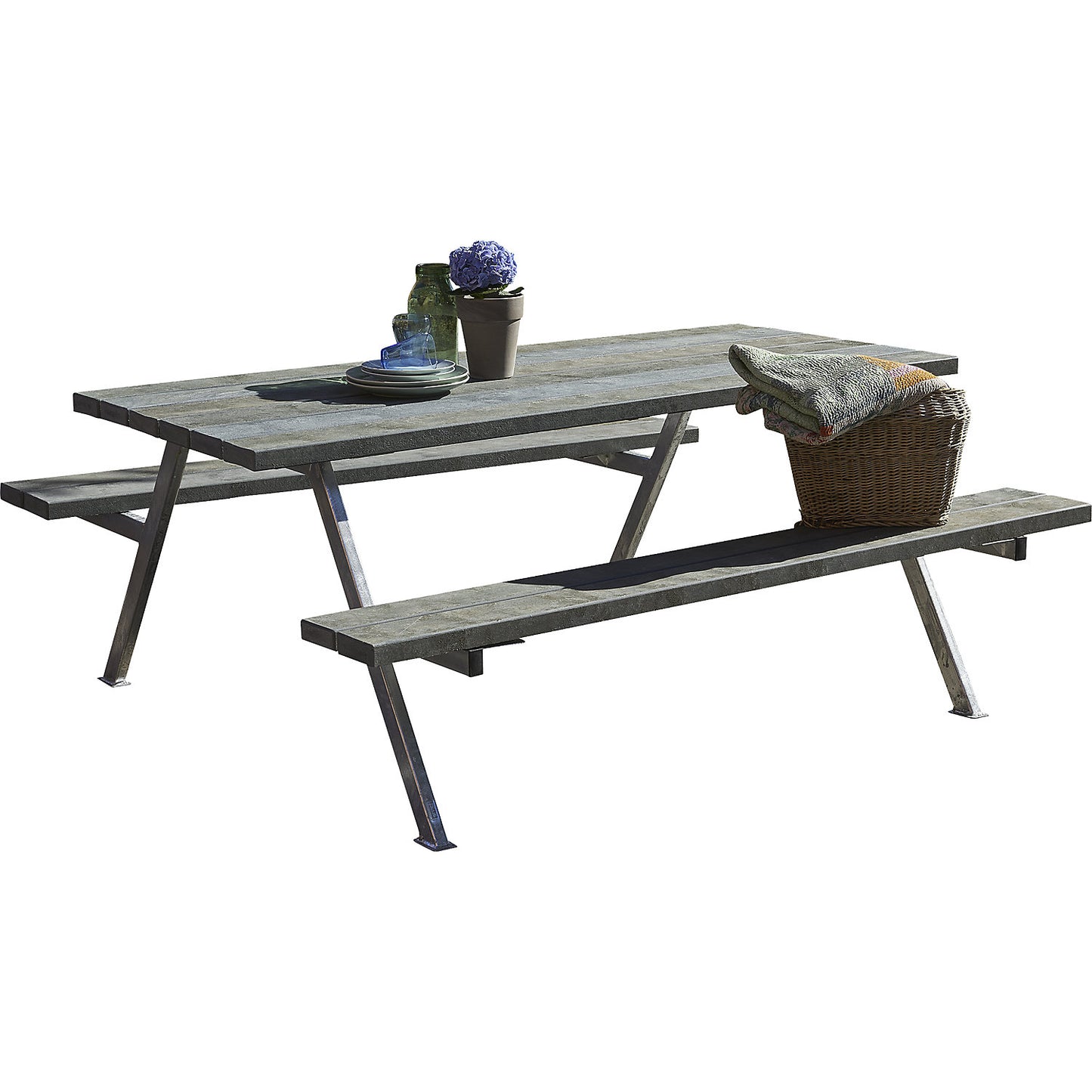 Picnic bench, steel frame, hot dip galvanised, LxD 1770 x 1610 mm, plastic, black, without backrest.