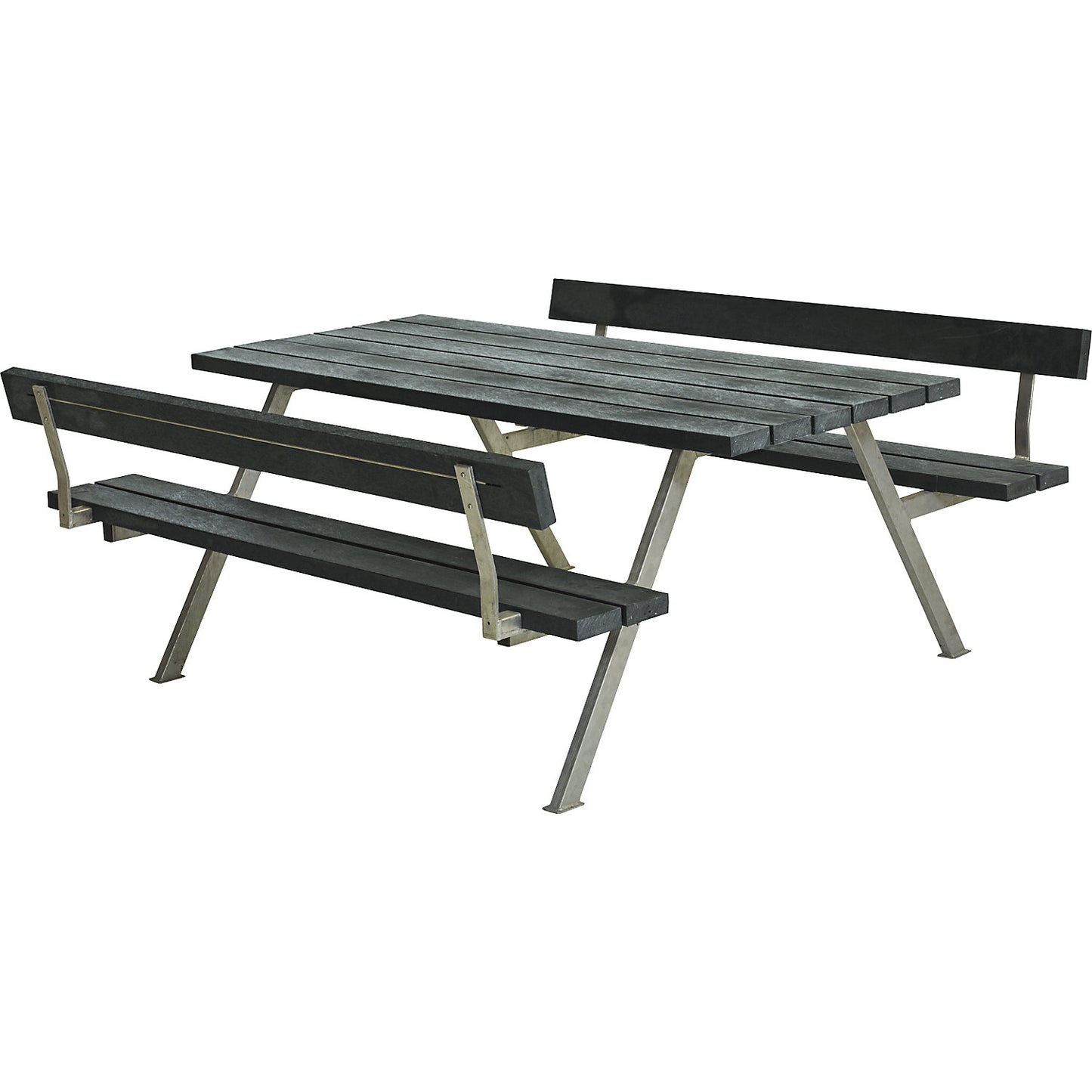 Picnic bench, steel frame, hot dip galvanised, LxD 1770 x 1850 mm, plastic, black, with backrest.