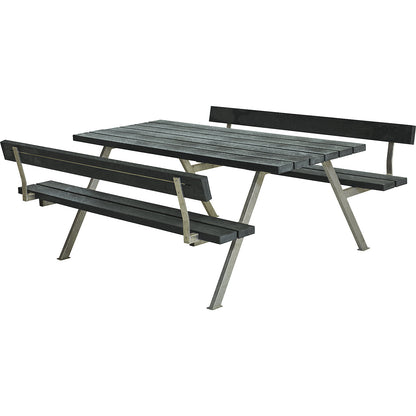 Picnic bench, steel frame, hot dip galvanised, LxD 1770 x 1850 mm, plastic, black, with backrest.