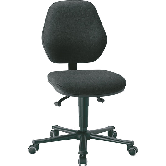 Industrial chair, permanent contact, with castors, fabric covering.