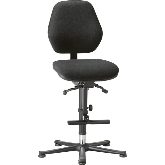 Industrial chair, permanent contact, with floor glides and step, fabric covering.