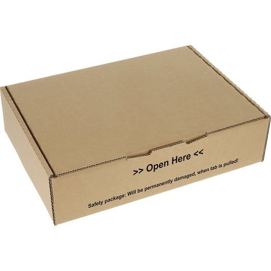 Collapsible box with safety lock, brown, pack of 20, internal LxWxH 300 x 220 x 80 mm.