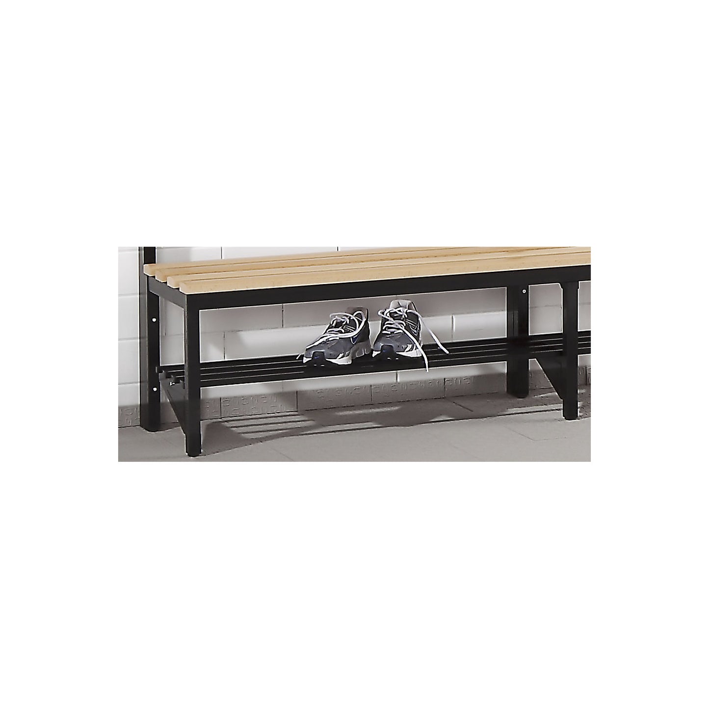 Shoe shelf for changing room bench, single sided, length 1000 mm.