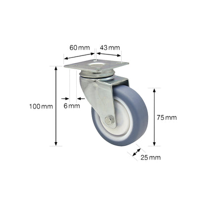 DELUXE light duty castors, wheel Ø 75 mm, pack of 4, swivel castor.