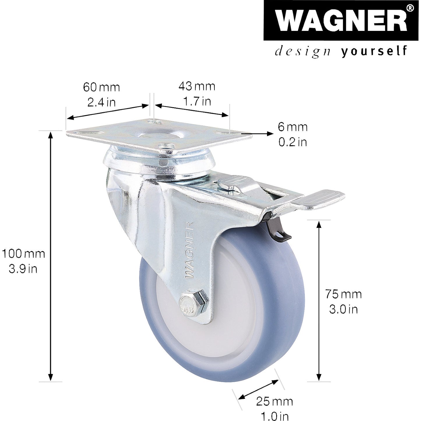 DELUXE light duty castors, wheel Ø 75 mm, pack of 4, swivel castor with wheel stop.