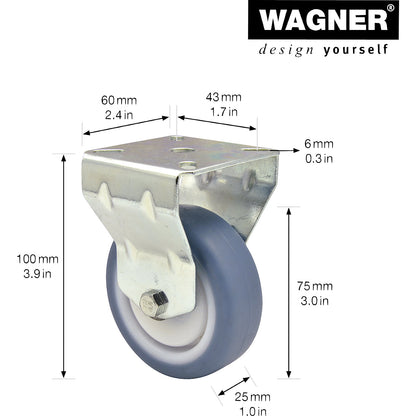 DELUXE light duty fixed castors, wheel Ø 75 mm, pack of 4, fixed castor.