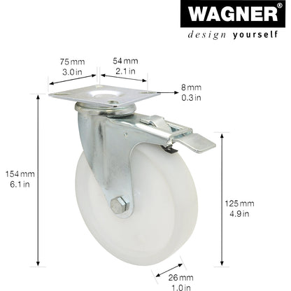 Light duty swivel castors, plastic, wheel Ø 125 mm, pack of 4, swivel castor with wheel stop.