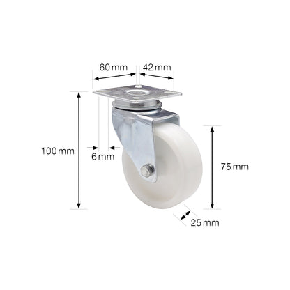 Light duty swivel castors, plastic, wheel Ø 75 mm, pack of 4, swivel castor.