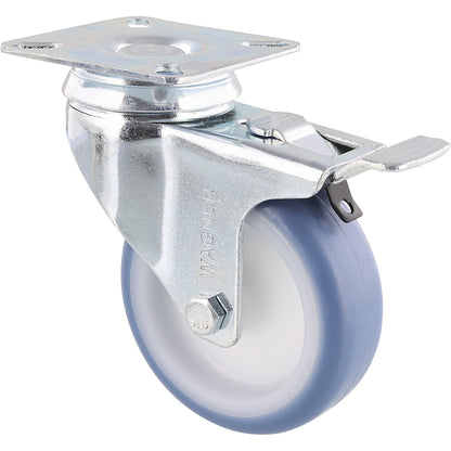 Light duty swivel castors, wheel Ø 75 mm, pack of 4, swivel castor with wheel stop, plate.