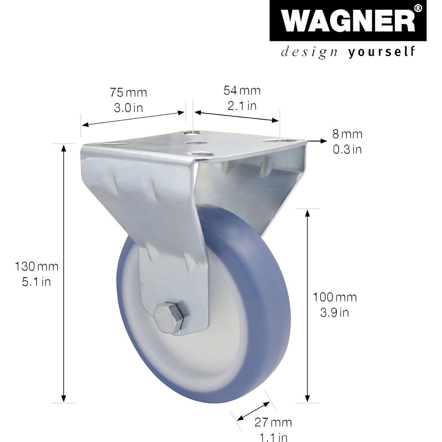 Light duty fixed castors, wheel Ø 100 mm, pack of 4, fixed castor.