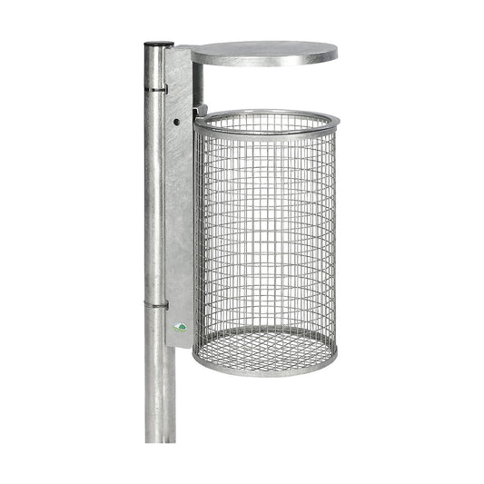 Wire mesh waste basket with hood and post, capacity 50 l, hot dip galvanised.