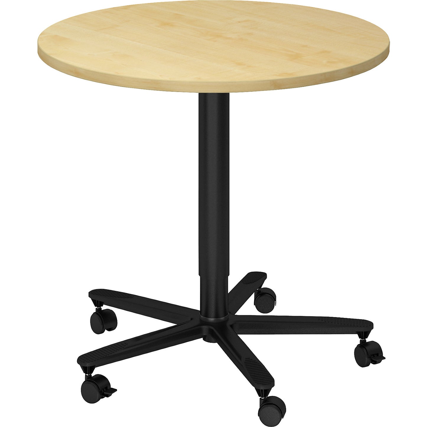 Canteen table, height adjustable, black frame, maple finish.