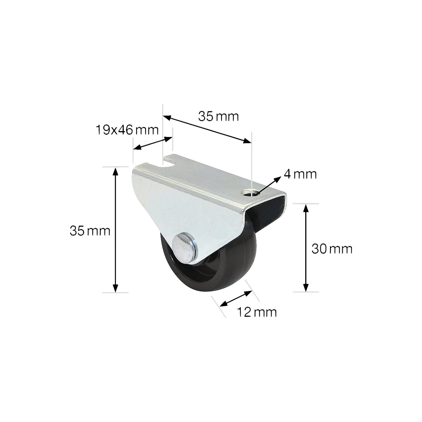 Fixed furniture castor, wheel width 12 mm, pack of 20, Ø 30 mm, max. load 45 kg.