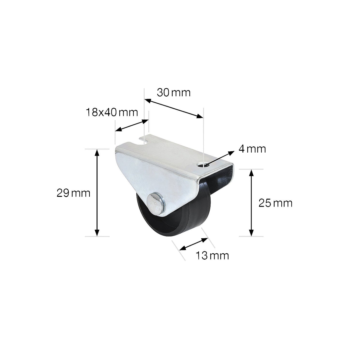 Fixed furniture castor, wheel width 13 mm, pack of 20, Ø 25 mm, max. load 40 kg.