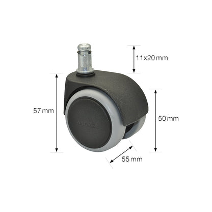 Double castor set for swivel chairs, wheel width 55 mm, Ø 50 mm, TPR.