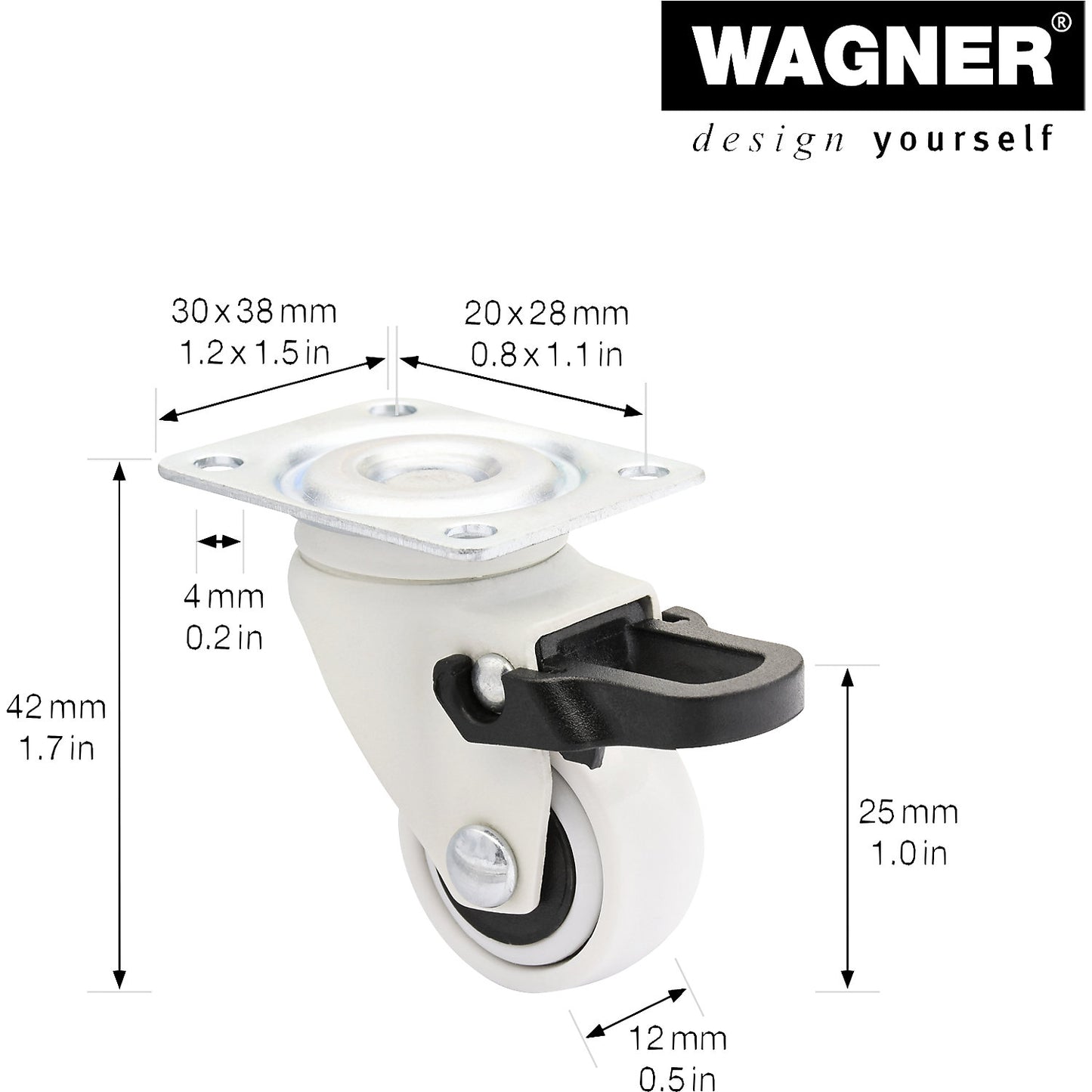 3C series furniture castor, wheel width 12 mm, pack of 10, Ø 25 mm, swivel castor with wheel stop.