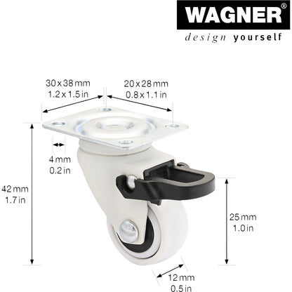 3C series furniture castor, wheel width 12 mm, pack of 10, Ø 25 mm, swivel castor with wheel stop.