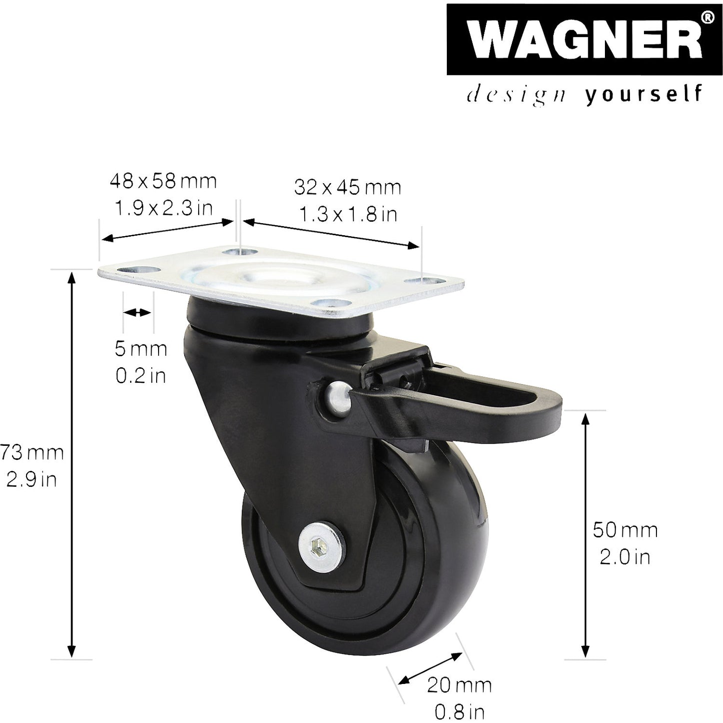 3C series furniture castor, wheel width 20 mm, pack of 4, Ø 50 mm, swivel castor with total wheel stop.