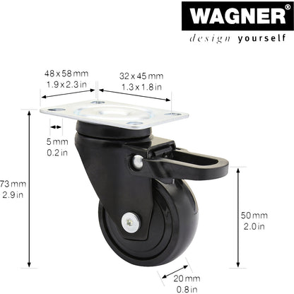 3C series furniture castor, wheel width 20 mm, pack of 4, Ø 50 mm, swivel castor with total wheel stop.