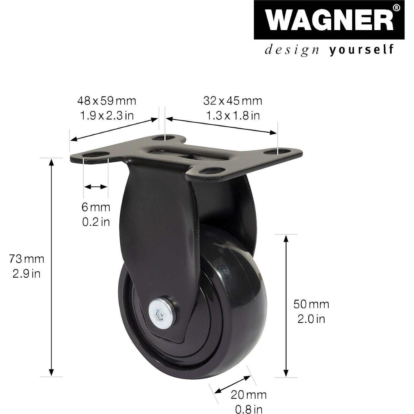 3C series furniture castor, wheel width 20 mm, pack of 4, Ø 50 mm, fixed castor.