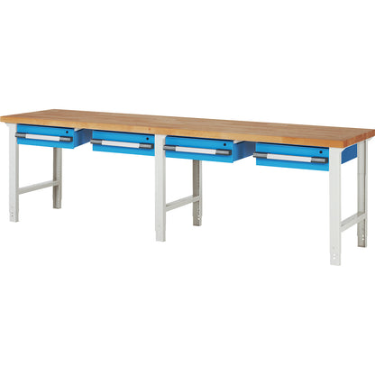 Workbench, Series 7000 modular system, 4 suspended drawers, WxD 3000 x 700 mm.