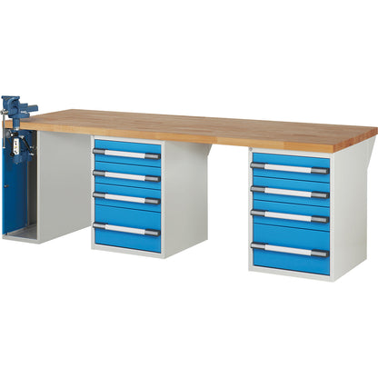 Workbench, Series 7000 modular system, 8 drawers, 1 vice (folding lift) on the left side, WxD 2500 x 900 mm.