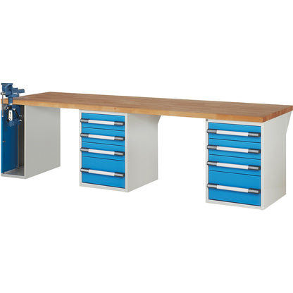 Workbench, Series 7000 modular system, 8 drawers, 1 vice (folding lift) on the left side, WxD 3000 x 900 mm.