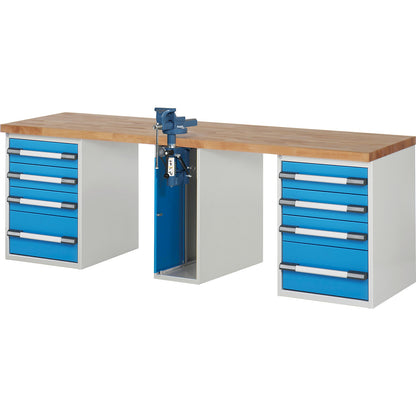 Workbench, Series 7000 modular system, 8 drawers, 1 vice (folding lift) in the middle, WxD 2500 x 700 mm.