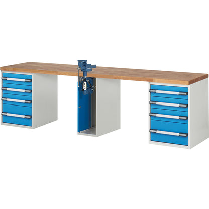 Workbench, Series 7000 modular system, 8 drawers, 1 vice (folding lift) in the middle, WxD 3000 x 700 mm.