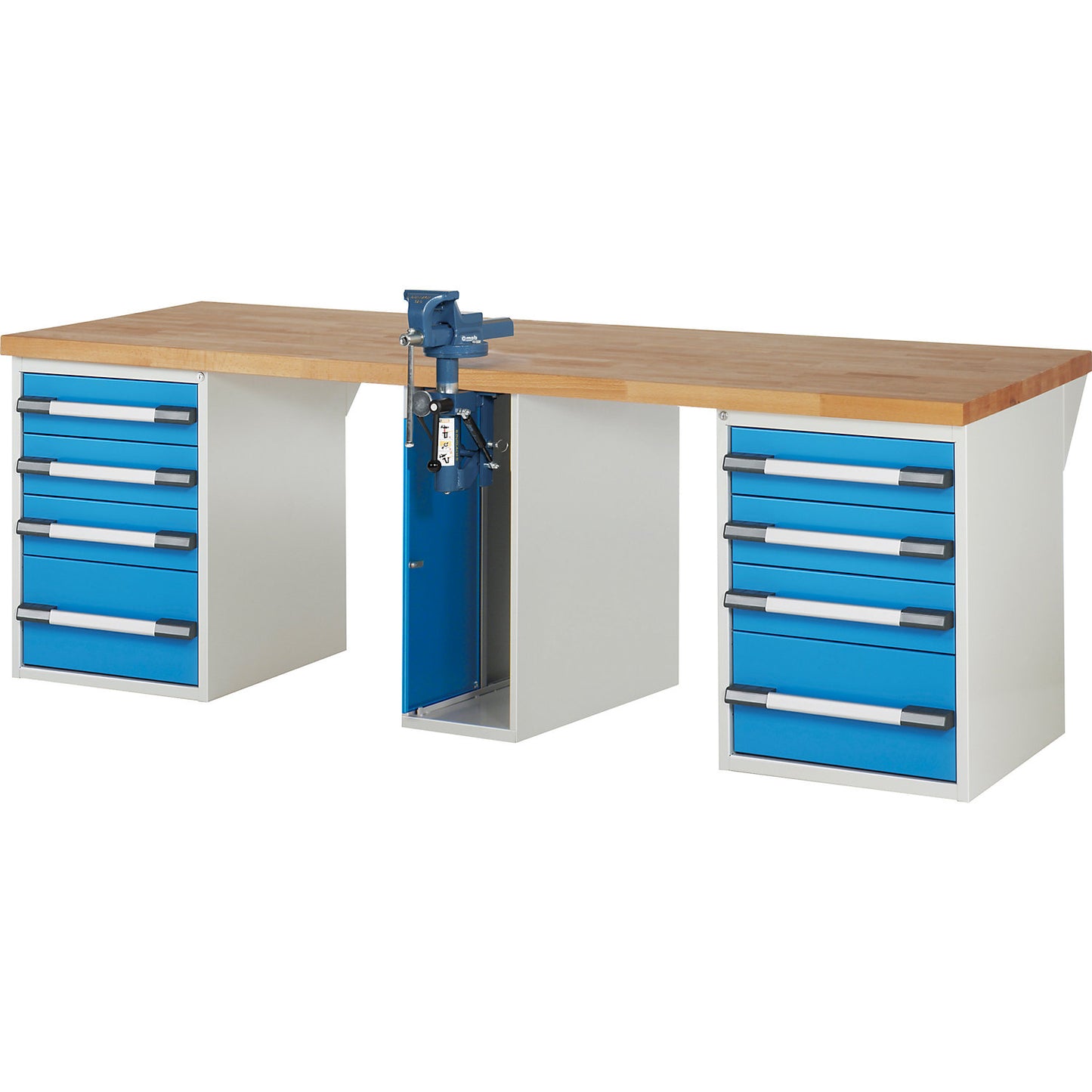 Workbench, Series 7000 modular system, 8 drawers, 1 vice (folding lift) in the middle, WxD 2500 x 900 mm.