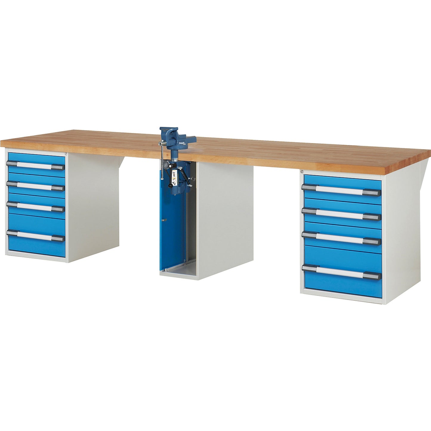 Workbench, Series 7000 modular system, 8 drawers, 1 vice (folding lift) in the middle, WxD 3000 x 900 mm.
