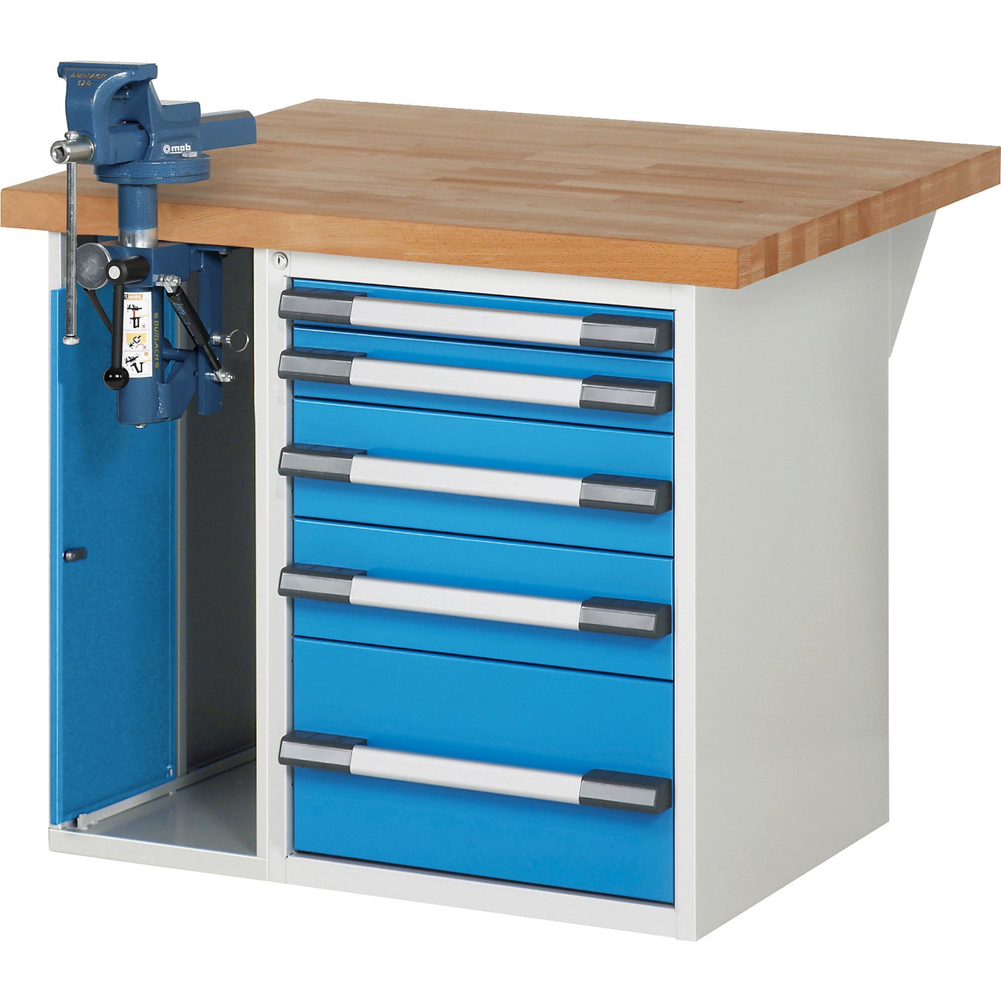 Workbench, Series 7000 modular system, 5 drawers, 1 vice (folding lift) on the left side, WxD 1000 x 900 mm.