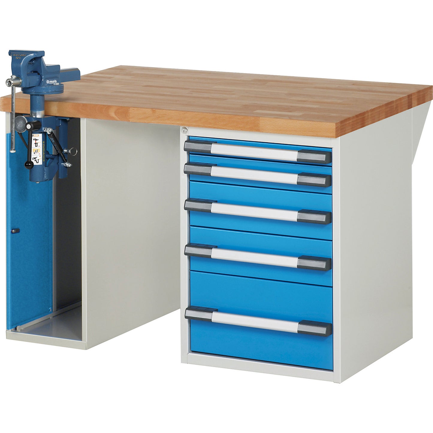Workbench, Series 7000 modular system, 5 drawers, 1 vice (folding lift) on the left side, WxD 1250 x 900 mm.