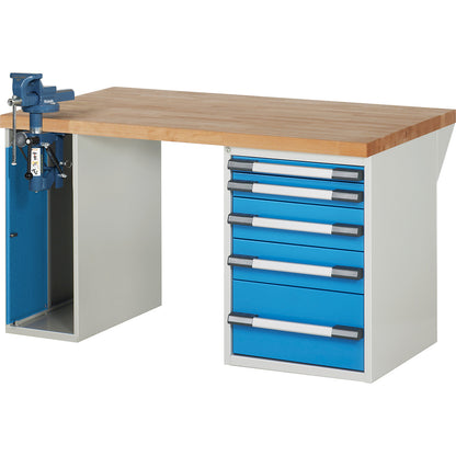 Workbench, Series 7000 modular system, 5 drawers, 1 vice (folding lift) on the left side, WxD 1500 x 900 mm.