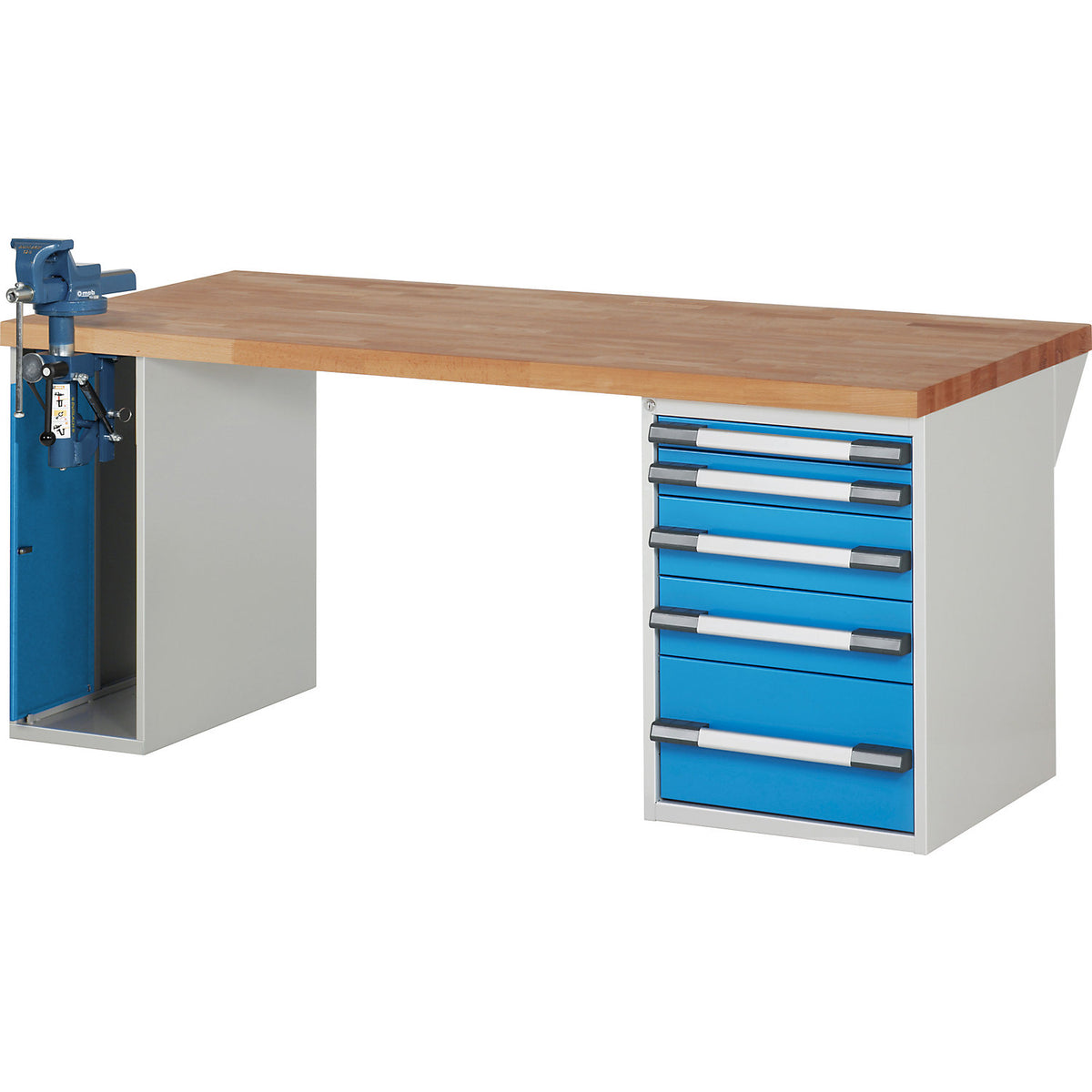 Workbench with vice cupboard, Series 7000 modular system, 1 fixed pedestal with 5 drawers, 1 vice pedestal (folding lift) on the left, WxD 2000 x 900 mm.