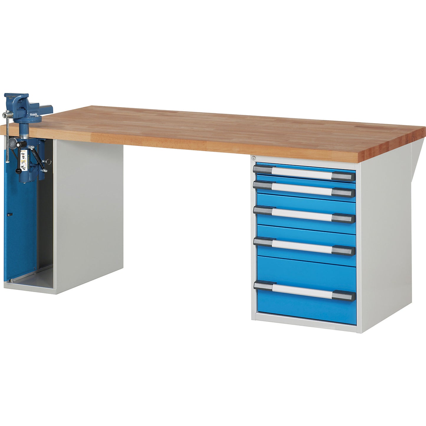 Workbench, Series 7000 modular system, 5 drawers, 1 vice (folding lift) on the left side, WxD 2000 x 900 mm.