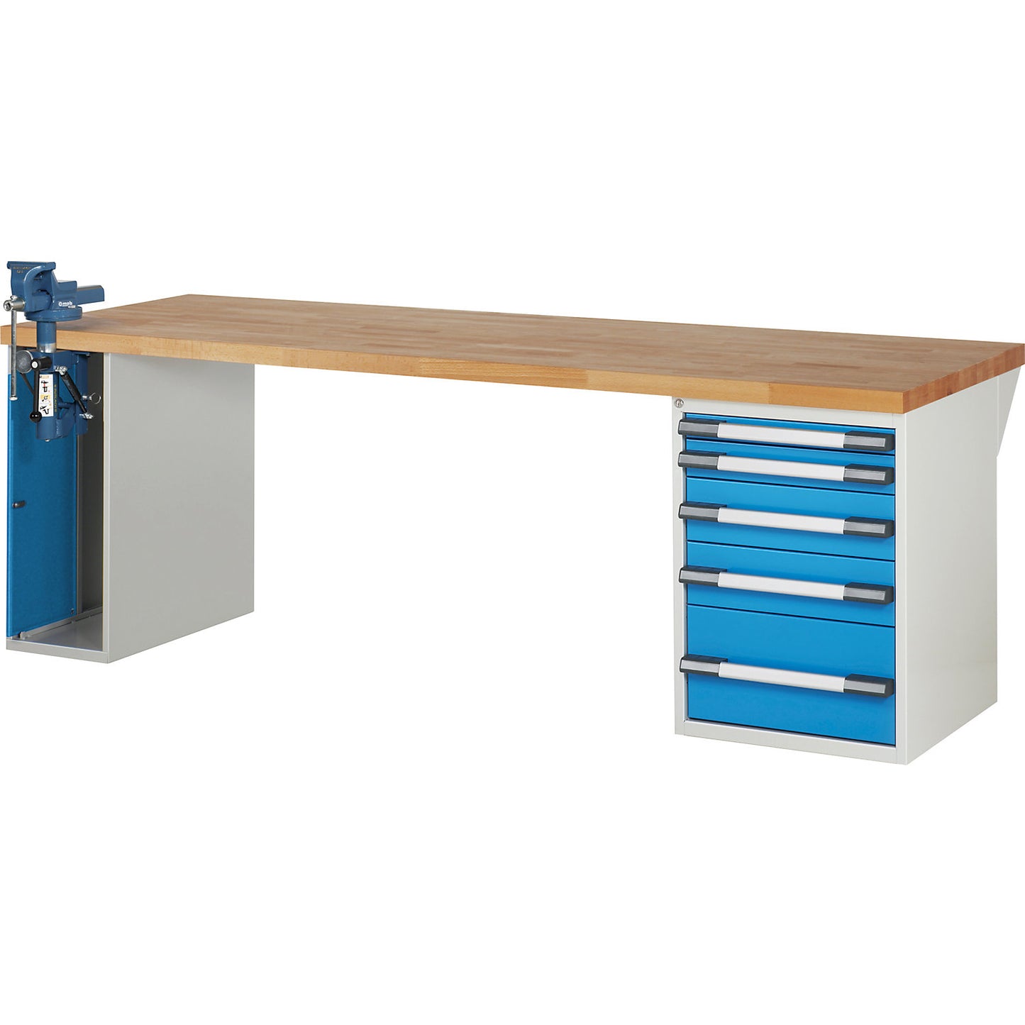 Workbench, Series 7000 modular system, 5 drawers, 1 vice (folding lift) on the left side, WxD 2500 x 900 mm.