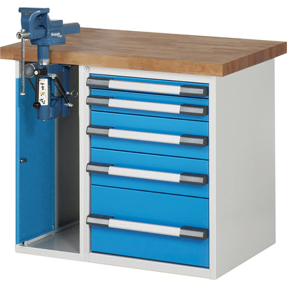 Workbench, Series 7000 modular system, 5 drawers, 1 vice (folding lift) on the left side, WxD 1000 x 700 mm.