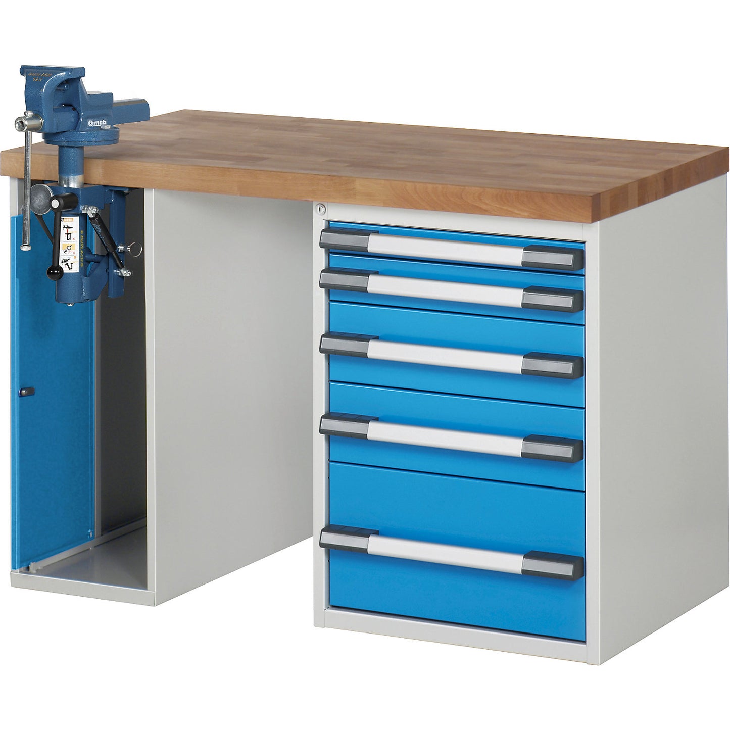 Workbench, Series 7000 modular system, 5 drawers, 1 vice (folding lift) on the left side, WxD 1250 x 700 mm.