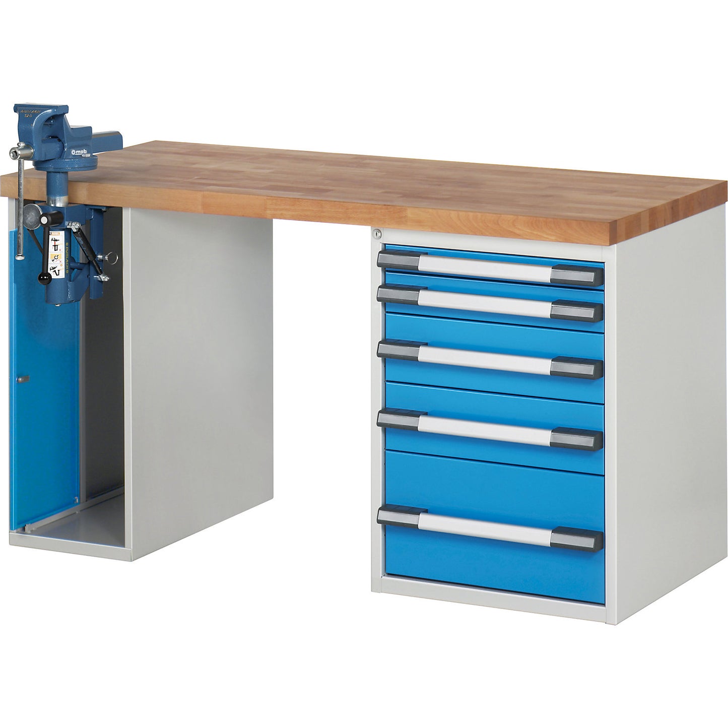 Workbench, Series 7000 modular system, 5 drawers, 1 vice (folding lift) on the left side, WxD 1500 x 700 mm.